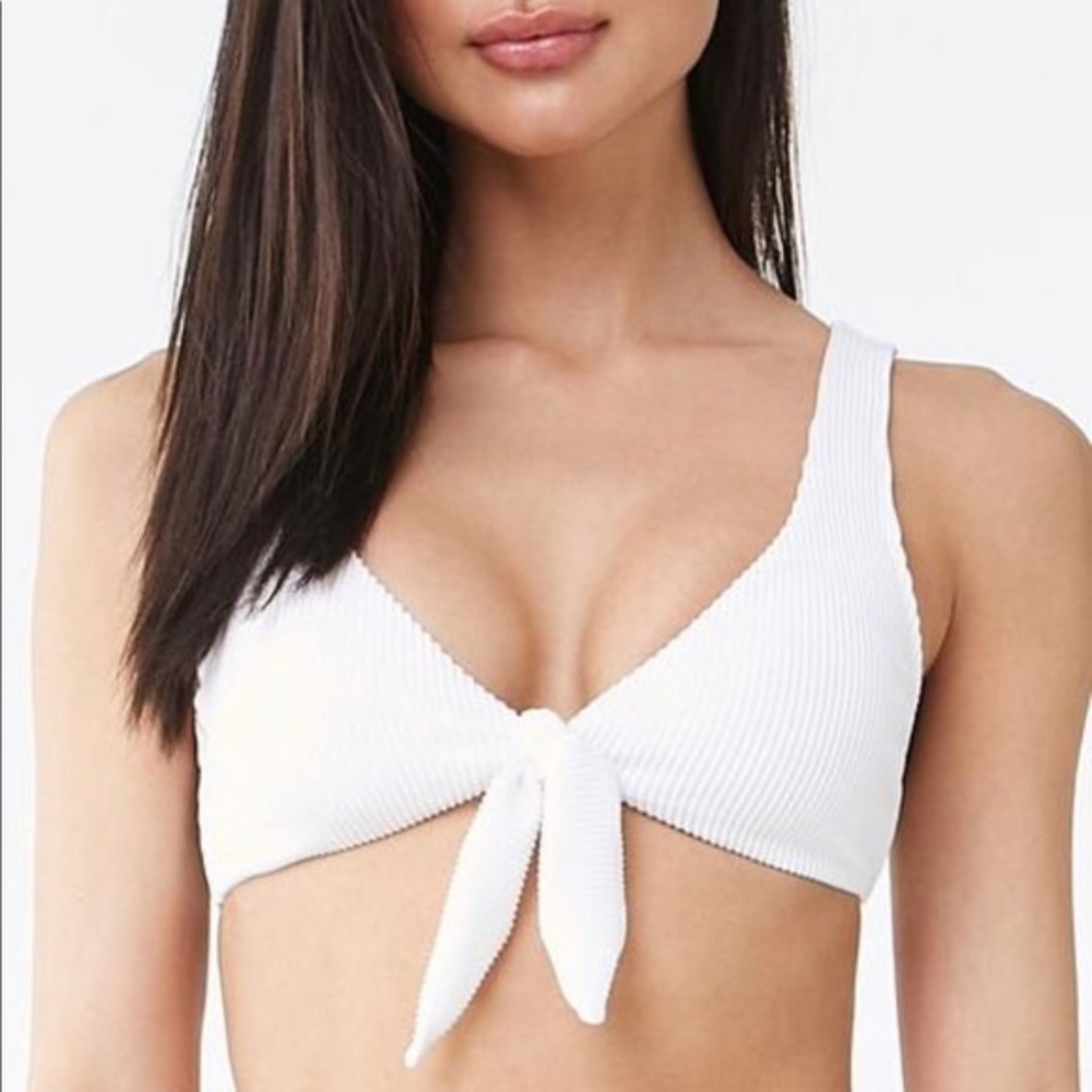 White Ribbed Tie-Front Bikini Set - Picture 2 of 9